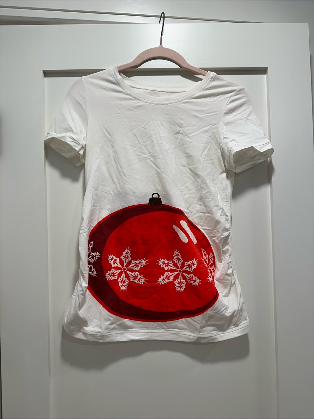 Maternity White Short-Sleeve Tee with Red Ornament Graphic